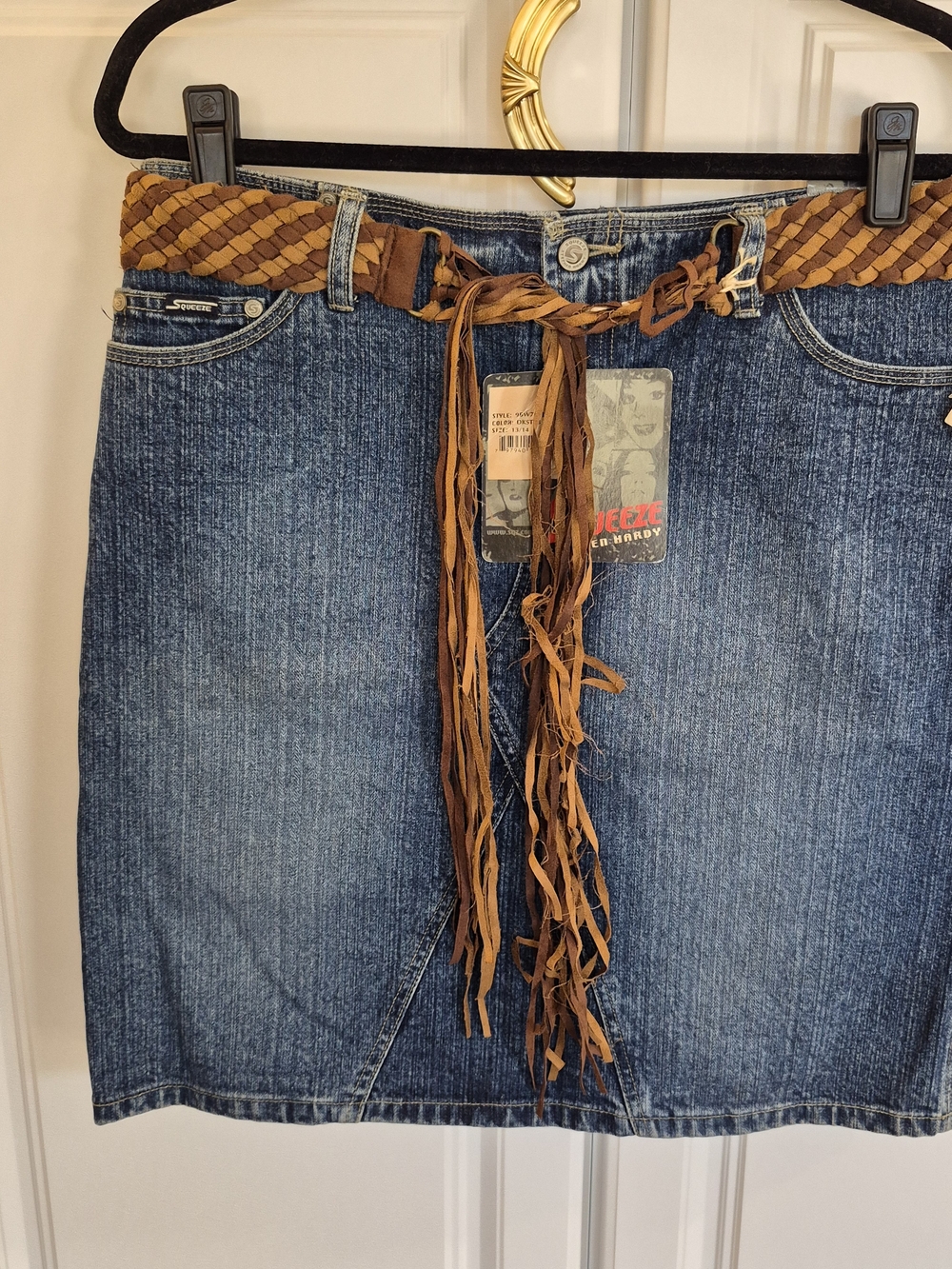 NWT Junior Size 13/14 Denim Mini Skirt with Braided Fringe Belt. 20" Long.
